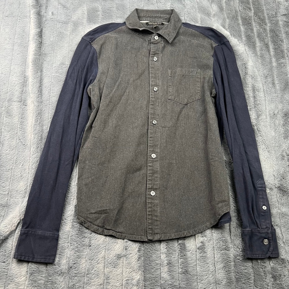 Banana Republic Luxury Brushed Cotton Mixed Media Shirt Small Grey Navy Blue